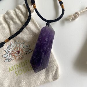 Mindful Souls Natural Amethyst Crystal Pendant Black Cord Adjustable Necklace